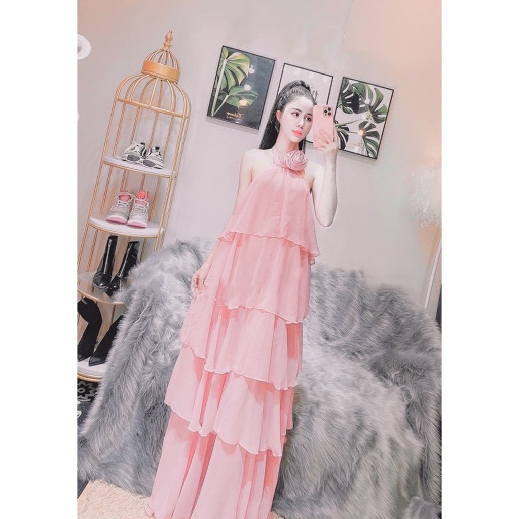 Đầm maxi tầng ❤️ cổ yếm thắt hoa hở lưng đi biển siêu xinh XUKA-DRESS MT003-chất Voon 2 lớp sang trọng.