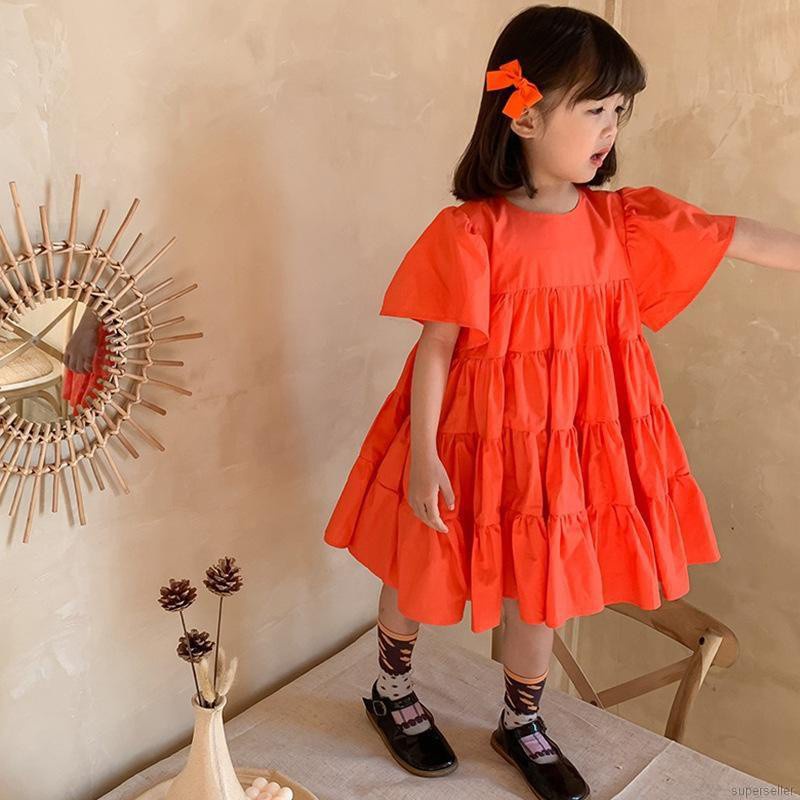 Đầm công chúa tay phồng cổ tròn màu trơn phong cách Hàn Quốc thời trang mùa hè dành cho bé gái từ 3-8 tuổi