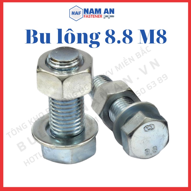 Bulong M8 cấp bền 8.8, bu lông lục giác M8, chiều dài 15, 20, 25, 30, 35, 40, 50, 60, 70mm. Màu: Đen, Trắng, Vàng