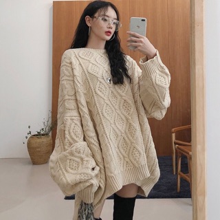 Áo len vặn thừng oversize form rộng dáng dài cổ tròn