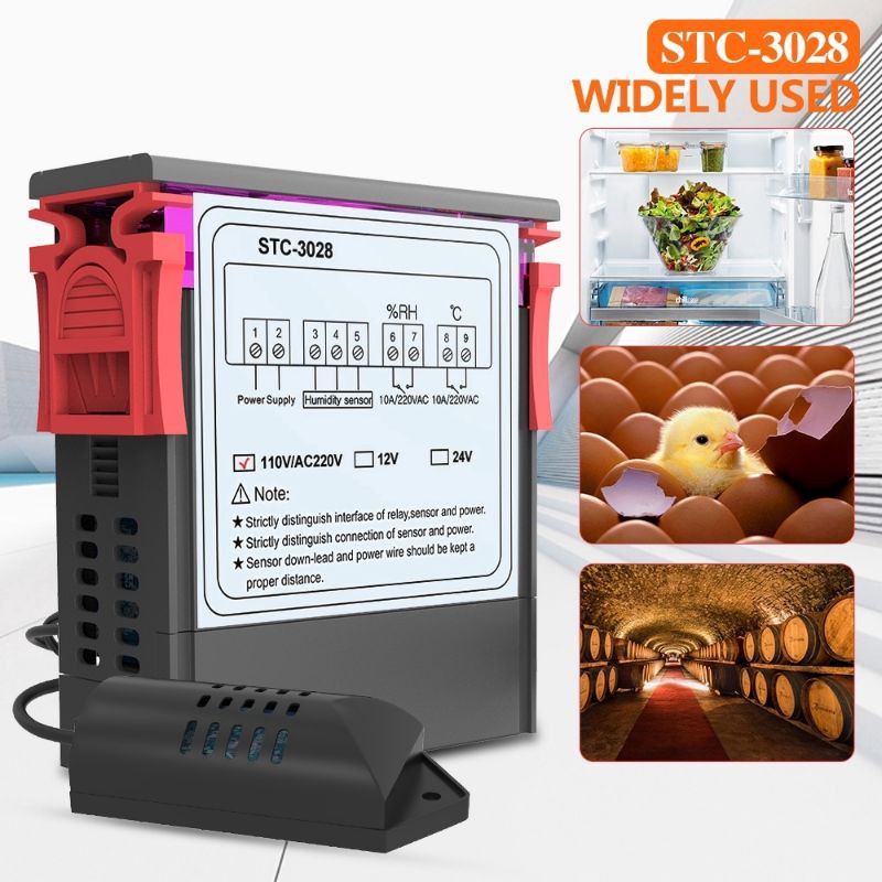 Bộ điều khiển nhiệt độ và độ ẩm AC110-220V/12v10A màn hình hiển thị LED kép STC-3028
