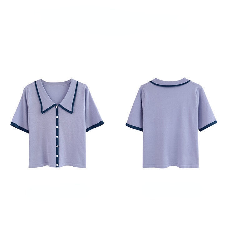 Áo sweater Dệt Kim Mỏng Tay Ngắn Dáng Rộng Màu Sắc Tương Phản Thời Trang Mùa Hè Cho Nữ