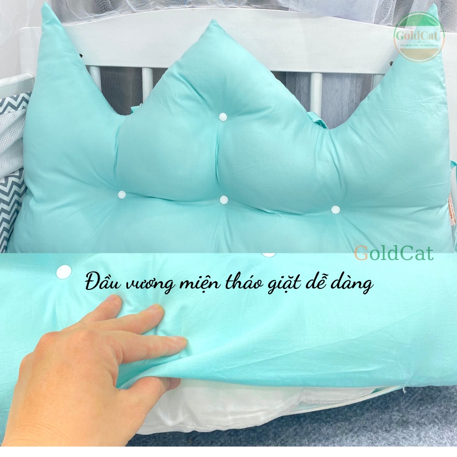 Bộ Quây Cũi Cho Bé Kèm Ga GOLDCAT QDVM Thiết Kế 1 Đầu Vương Miện, Chất Vải Thô Lụa Dùng Cho Mọi Loại Cũi