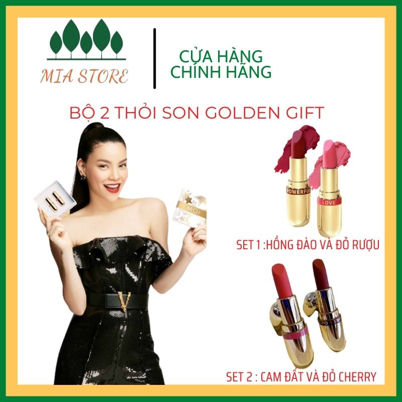 [Có Clip Test Màu] Son Thỏi Mini - Set 2 Thỏi Son Moi Hồ Ngọc Hà - Golden Gift - Nâu Đất và Đỏ Cherry