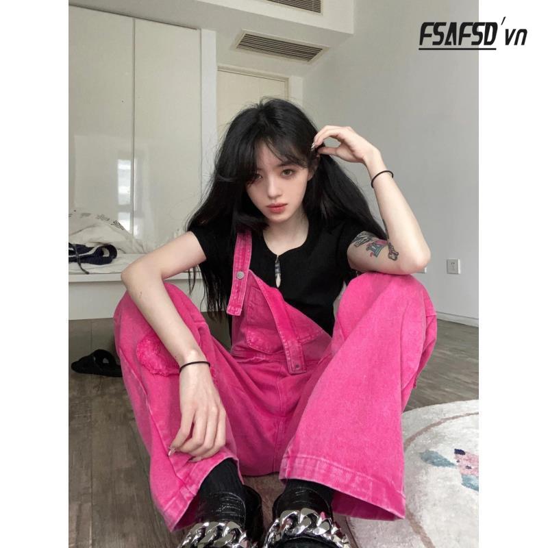 Quần Yếm Denim Dáng Rộng Ống Suông Trẻ Trung Năng Động Cho Bạn Gái