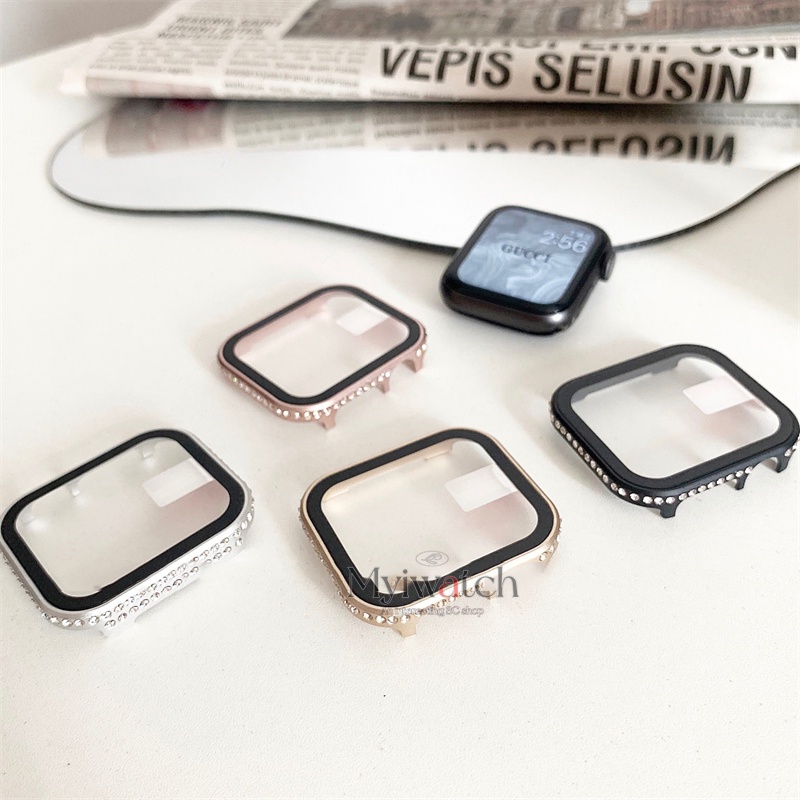Ốp Điện Thoại Kính Cường Lực Cứng Viền Kim Loại Không Gỉ Đính Đá Cho Apple watch series 7 8 6 SE 5 4 40mm 44mm 41mm 45mm