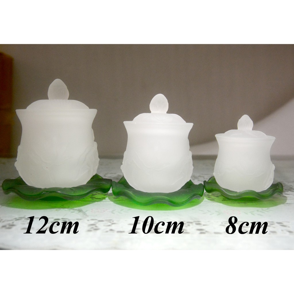 Ly nước thờ cúng bàn thờ hoa sen lưu ly trắng đế xanh-Ba cỡ