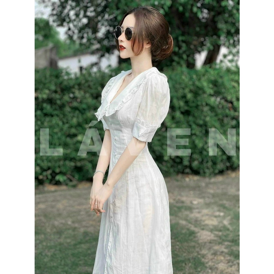 Đầm thời trang nữ mặc đi chơi chất đủi cổ bèo lá có đính nút tay lỡ dáng váy dài hàng cao cấp