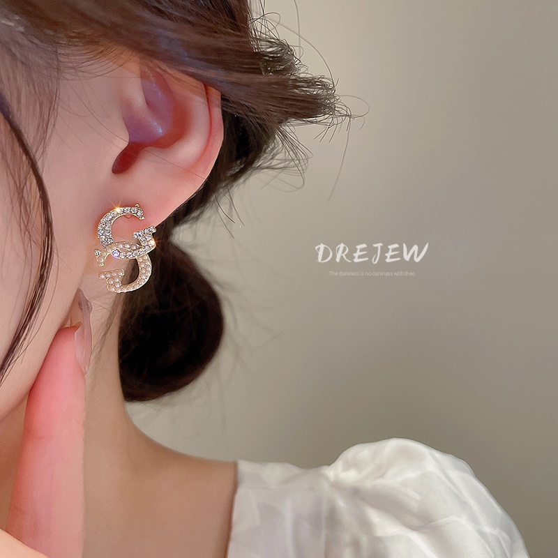 DREJEW Khuyên tai mạ bạc đính kim cương và ngọc trai phong cách Hàn Quốc sang trọng thời trang cao cấp