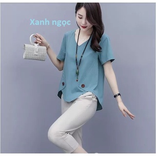 Áo kiểu nữ phong cách Hàn cổ tròn, From xuông rộng, Chất đũi, 4 màu