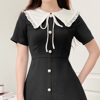 Váy dáng A cổ cách điệu phối bèo tiểu thư