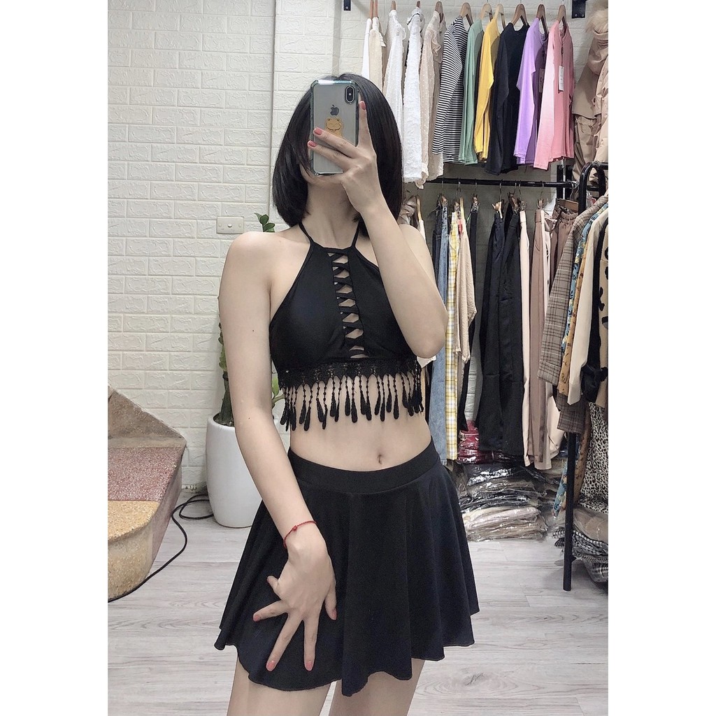 Bikini hai mảnh áo yếm đan ngực váy xòe siêu đẹp kín đáo mặc đi biển đi bơi ( Hàng loại 1)