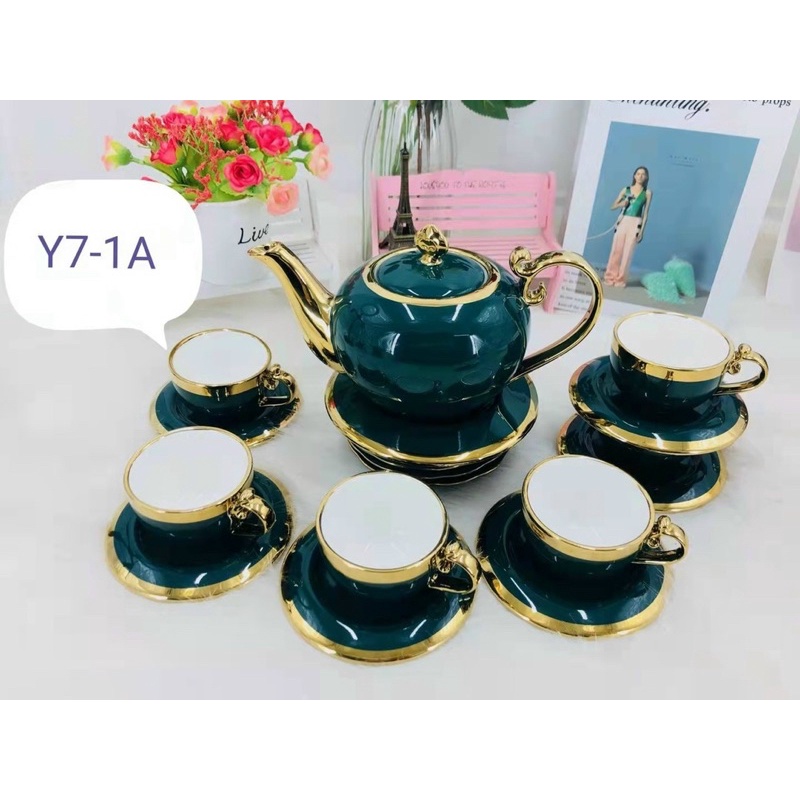 BỘ Ấm chén CAMELLIA sứ men xanh cổ vịt viền mạ vàng cao cấp kèm đĩa (thương hiệu DAT-KIEN-SU)