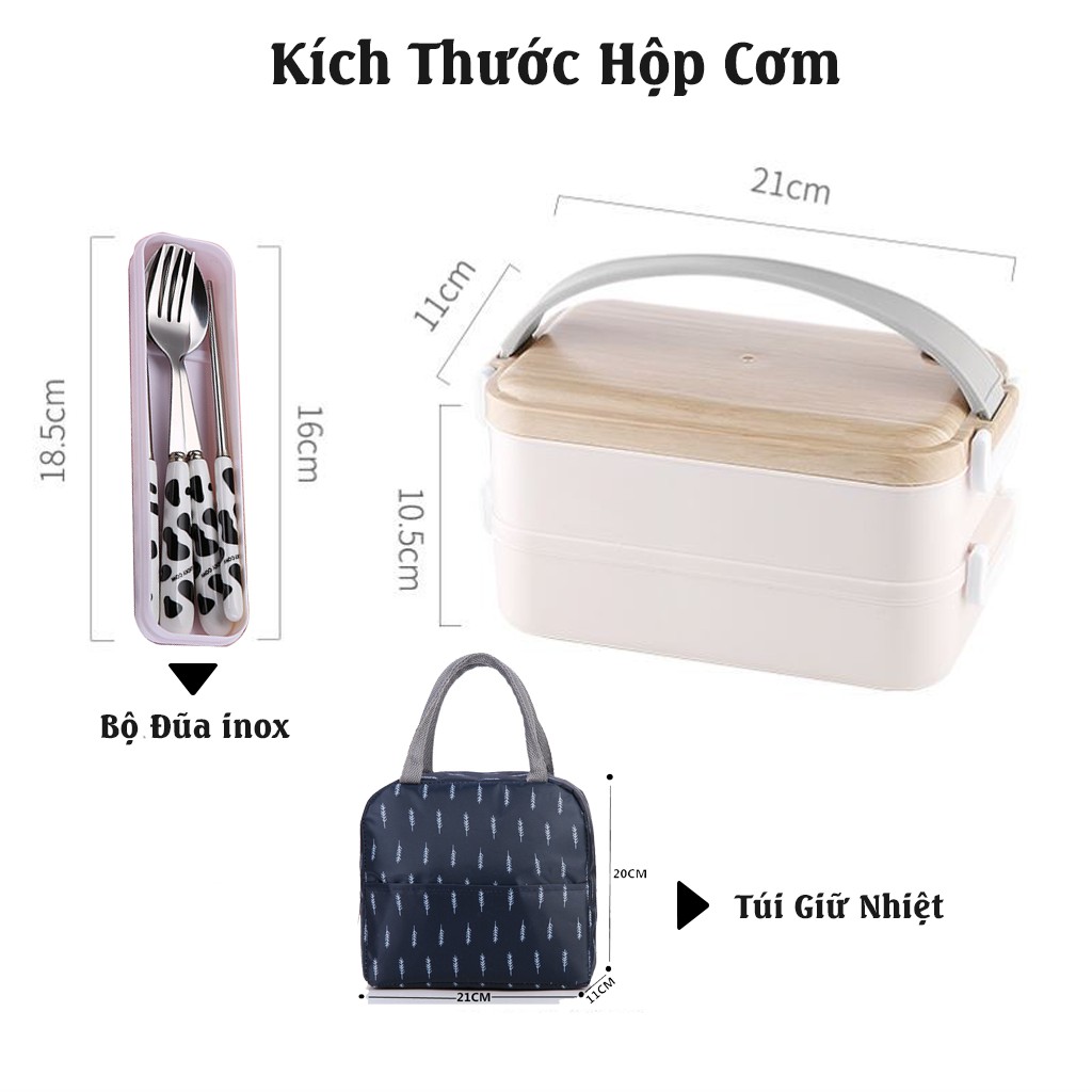 Hộp Đựng Cơm Giữ Nhiệt Và Thức Ăn 2 Tầng Kèm Túi Và Bộ Đũa Thìa Inox Có Hộp Đựng AGISAN HC01