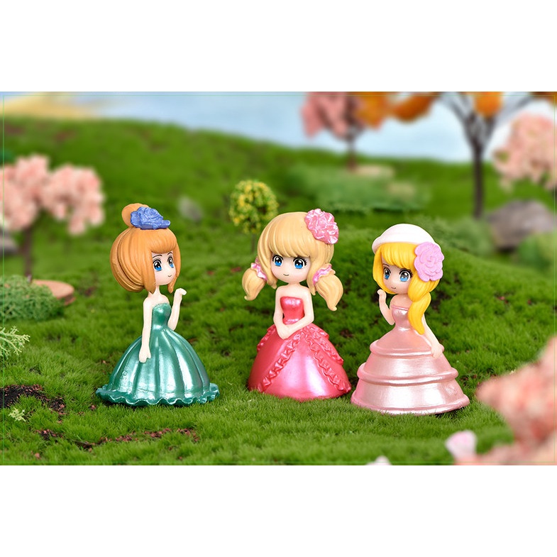 Mô hình terrarium các cô gái mặc váy lễ phục trang trí tiểu cảnh, bánh kem, sen đá