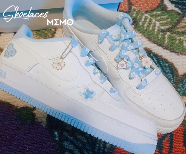 Combo Dây Giày Custom Nike AF1 AJ1Sakura Xanh Pastel-Hoa Anh Đào Mùa Xuân 2022