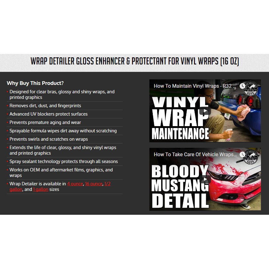 Dưỡng bóng và bảo dưỡng decal wrap đổi màu Chemical Guys Wrap Detailer Gloss Enhancer &amp; Protectant for Vinyl Wraps (16 o