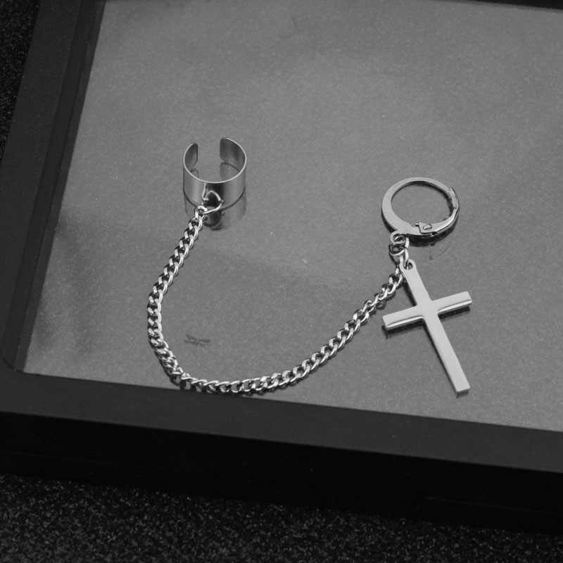 Khuyên tai chữ thập phối dây xích cá tính cực chất phong cách Hàn quốc