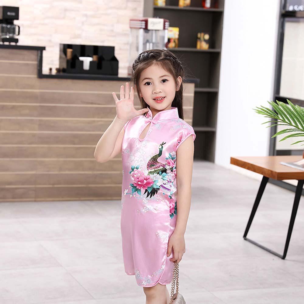 Đầm Qipao Thêu Hình Chim Công Dễ Thương Cho Bé Gái