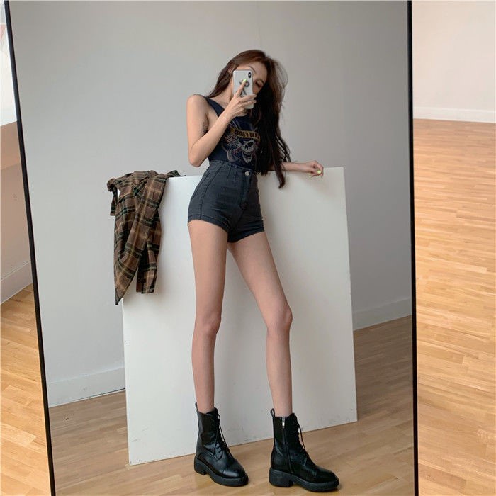 Quần Đùi denim Mỏng Dáng Chữ a Lưng Cao Co Giãn Phong Cách Retro Mẫu Mới Thời Trang Cho Nữ