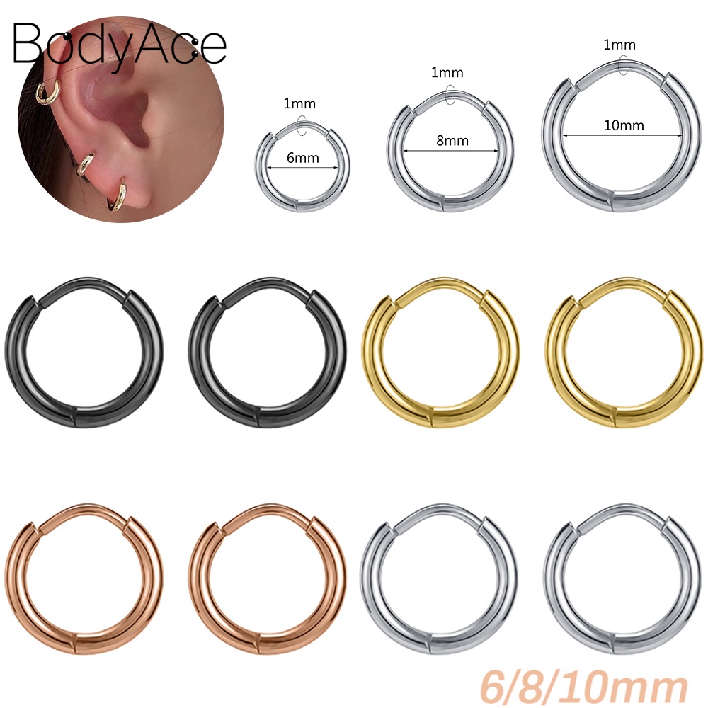 1 Đôi Khuyên Tai Tròn Màu Đen Bằng Thép Không Gỉ 6 / 8 / 10mm