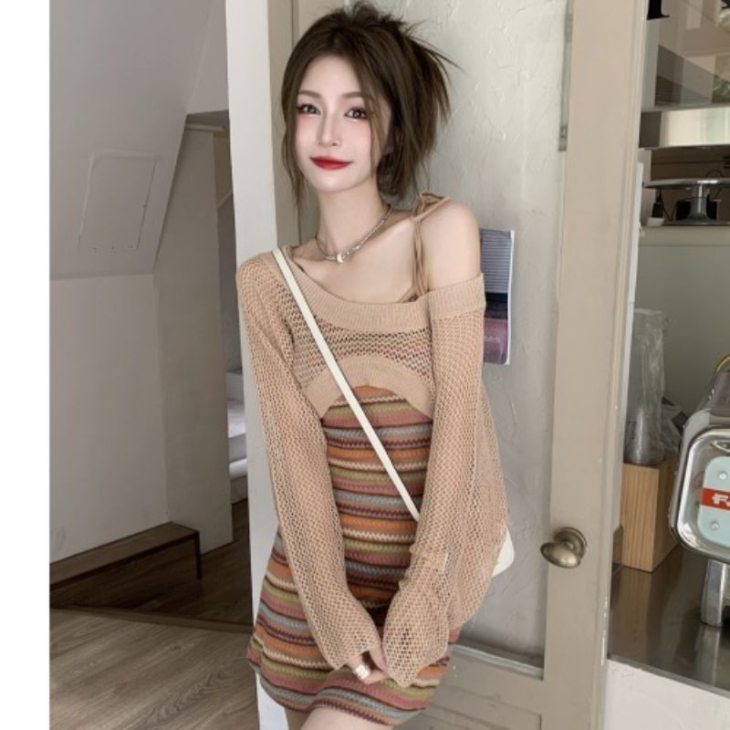 COZOK Set Áo Thun Ngắn Tay Họa Tiết Sọc Cầu Vồng + Đầm Không Tay Xinh Xắn Thời Trang Theo Phong Cách Hàn Quốc