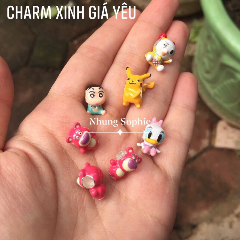 Charm hoạt hình bạc 925 Đô Rê Mi, vịt Daisy, gấu Lotso, cu Shin, Pika chu siêu xinh xắn