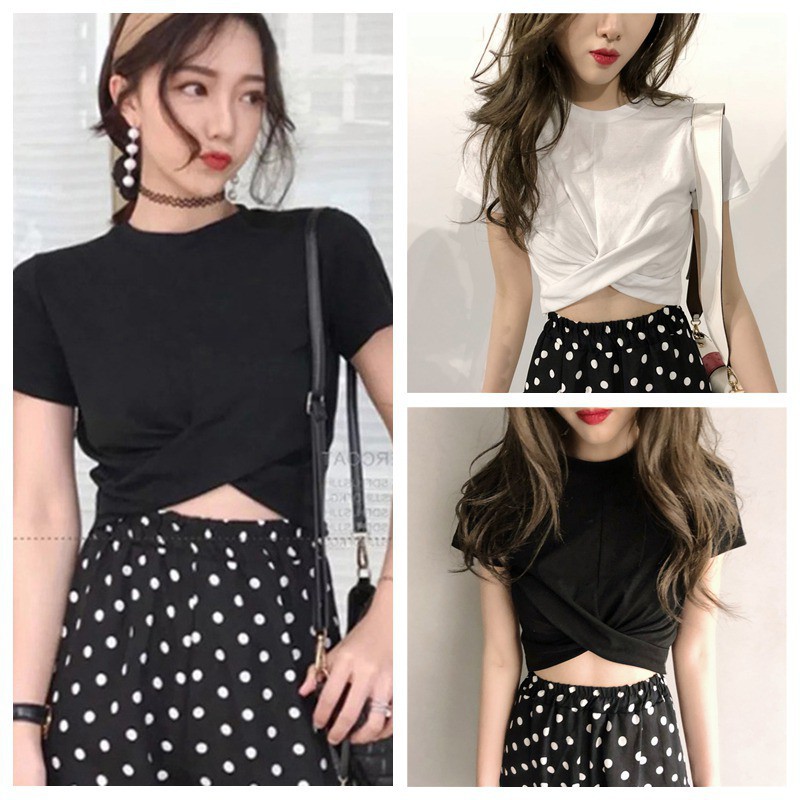 Áo croptop tay ngắn cổ tròn thiết kế màu trơn thanh lịch Sexy