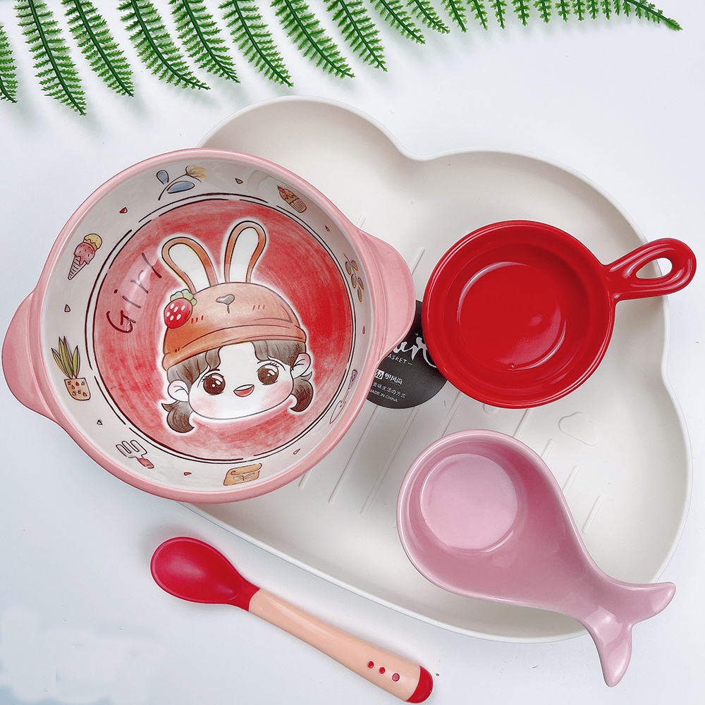 Bộ Bát Sứ Ăn Dặm Kiểu Nhật, Set Bát Ăn Dặm Gốm Sứ Kèm Khay Ăn Dặm Nhiều Hình Màu Đáng Yêu Cho Bé Tặng Kèm Thìa Báo Nóng