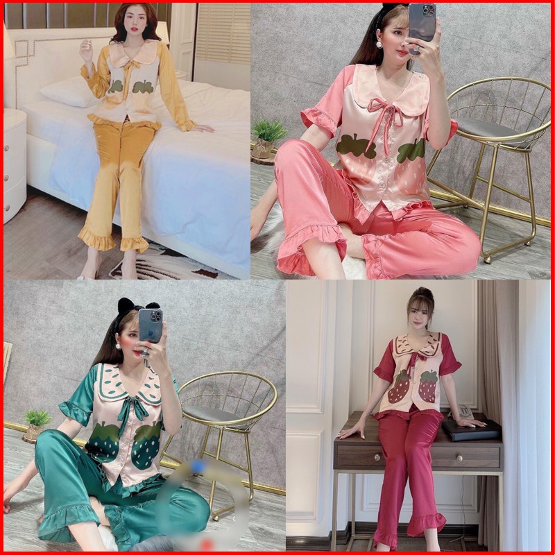 Bộ Pijama Lụa Satin Dâu Tây 💞ẢNH THẬT💞 Bộ Lụa Tiểu Thư Hình Dâu Tây Dễ Thương