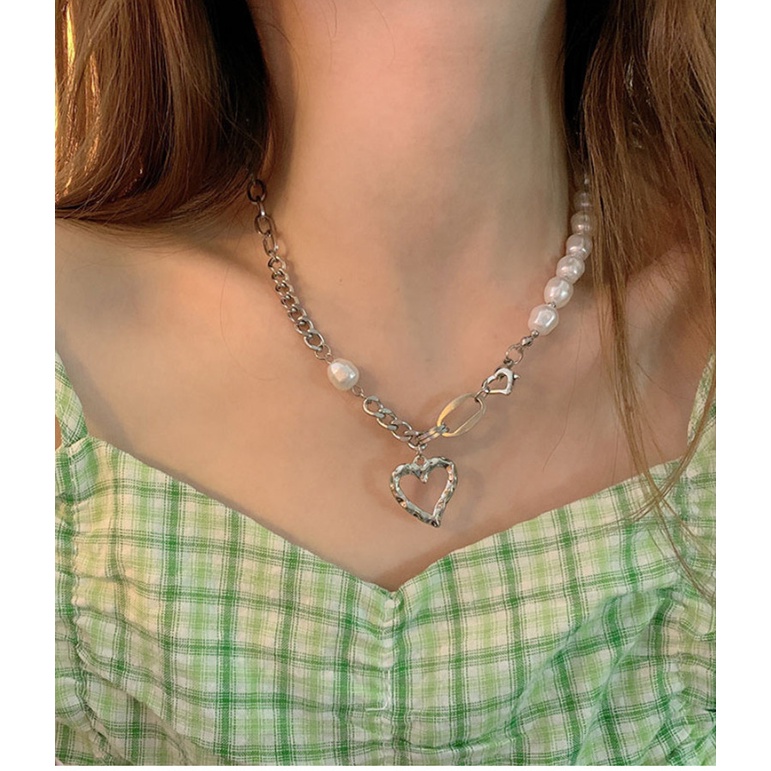 Vòng cổ Thép Không Gỉ Mặt Hình Trái Tim Đính Ngọc Trai Phong Cách Hàn Quốc