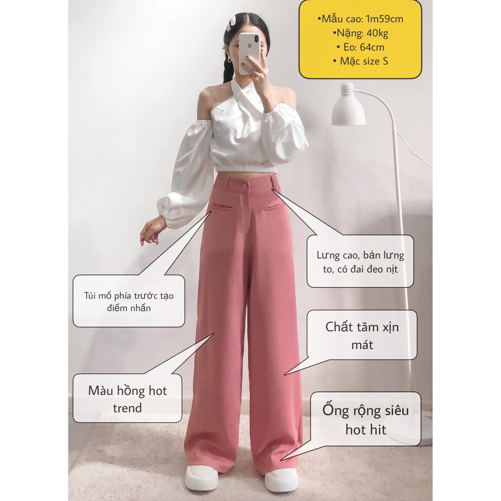 Quần ống rộng túi mổ culottes dáng suông dài cài nút lưng cao chất rũ THRE PANT