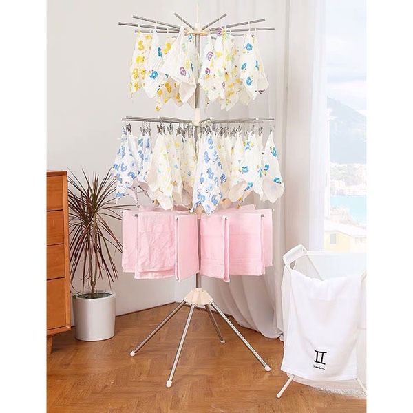 Cây phơi đồ 3 tầng đứng, gấp gọn, phù hợp với nhiều không gian và diện tích, kèm sẵn móc kẹp nhỏ