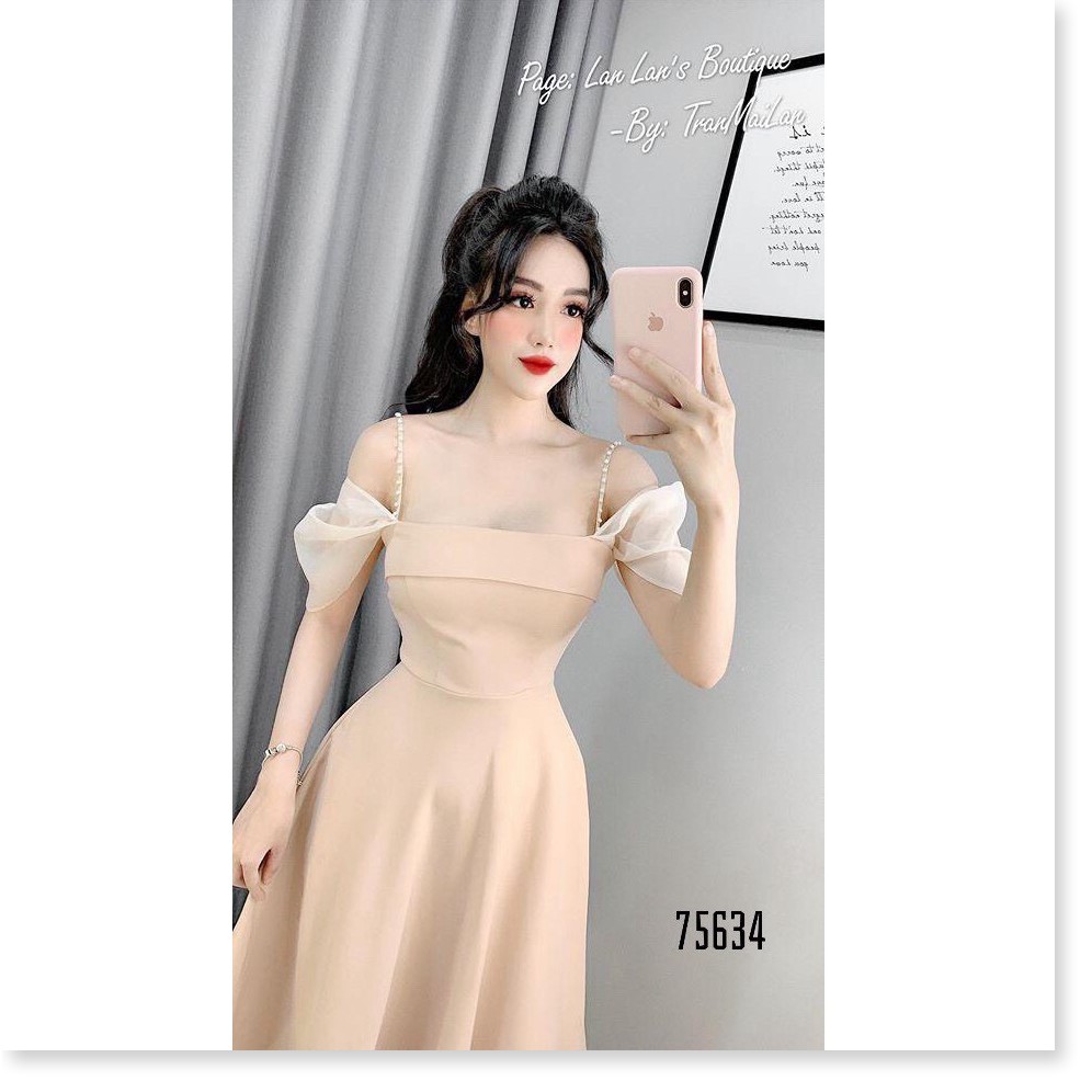 ĐẦM XÒE 2 DÂY ĐÍNH NGỌC PHỐI VOAN TAY THANH LỊCH TH MIÊU SHOP