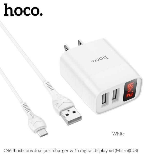 Củ sạc nhanh iPhone Hoco C86 / C86A, cốc sạc nhanh Samsung có 2 cổng USB với đèn LED báo, dòng áp ra 5V-2.4A max 12W