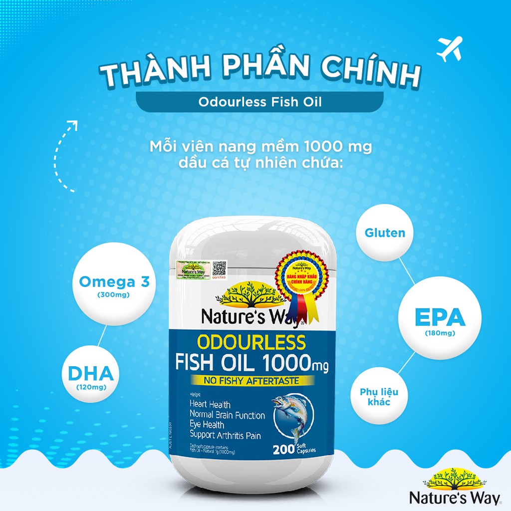 Viên Uống Dầu Cá Nature’s Way Odourless Fish Oil Tăng Cường Sức Khoẻ Tự Nhiên Không Mùi 1000mg