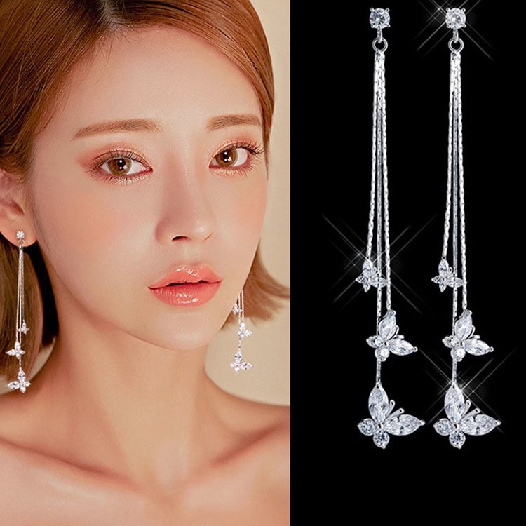 Đôi Khuyên Tai Dáng Dài Phối Tua Rua Hình Bướm Đính Đá Thời Trang Cho Nữ