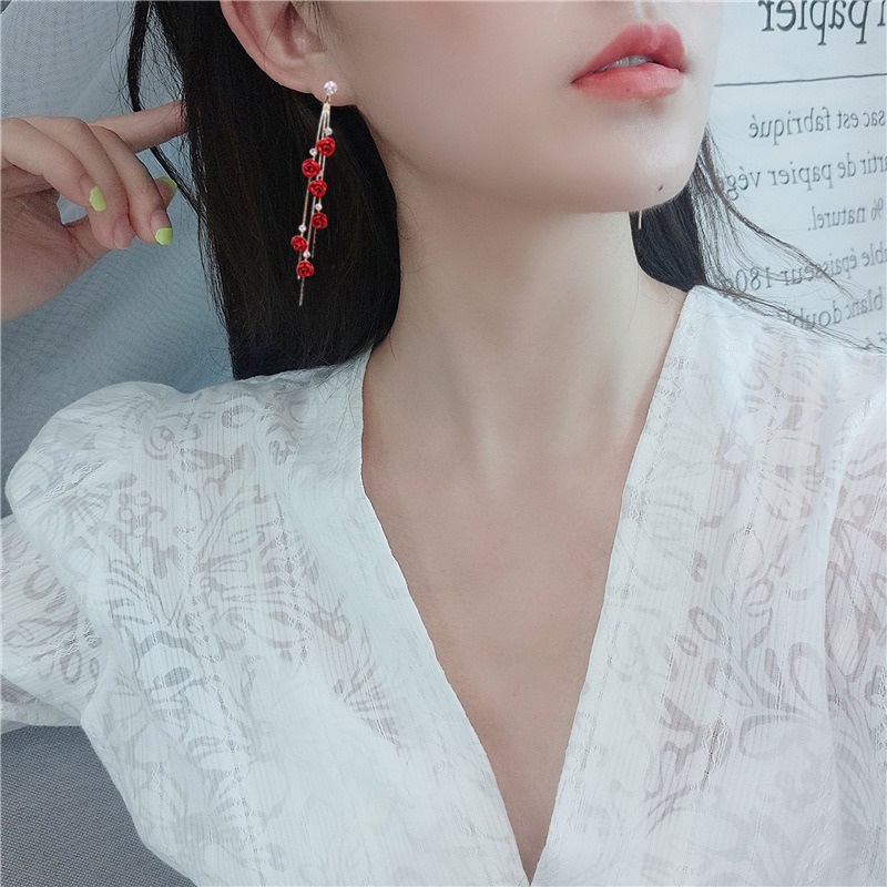 Bông Tai Bạc S925 Dáng Dài Hình Cánh Hoa Hồng Đính Kim Cương Giả Thời Trang Cho Nữ