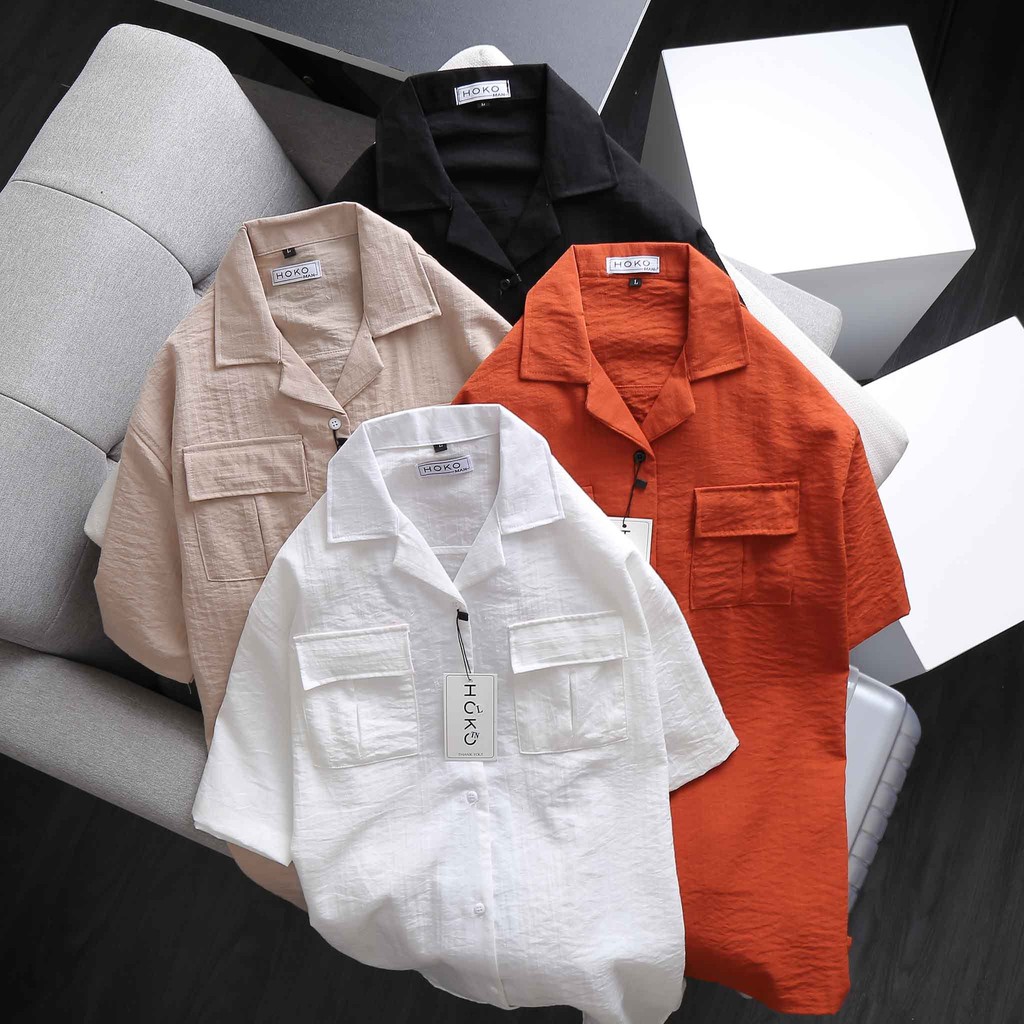 Áo sơ mi Nam Nữ  🔅FULL SIZE🔅 Áo sơ mi đũi trơn cộc tay 2 túi ngực 4 màu trắng, đen, cam, bee Size M-L-XL-XXL 45-75kg