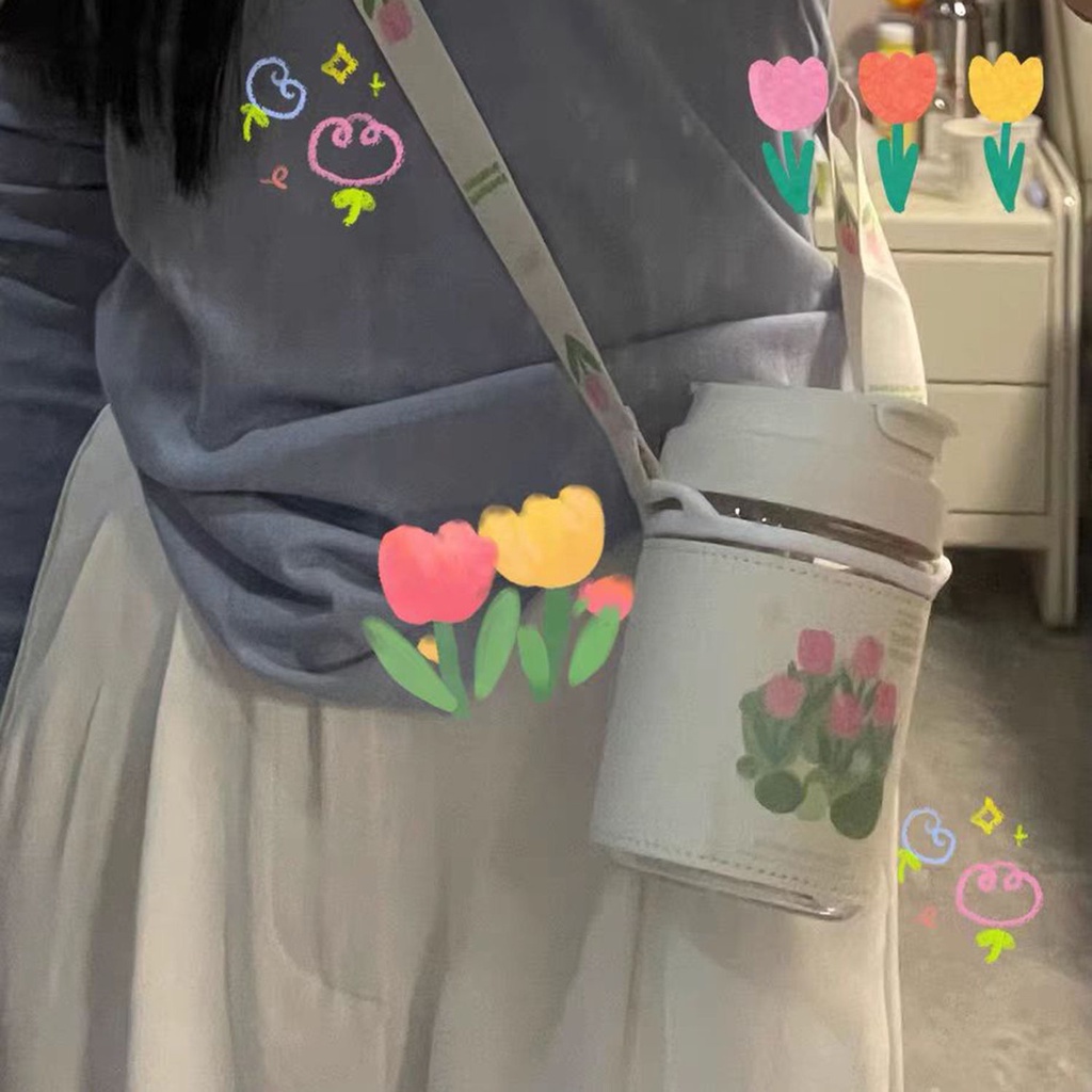 Giá Đỡ Bình Nước Di Động Họa Tiết Hoa Tulip Kèm Ống Hút Tiện Dụng