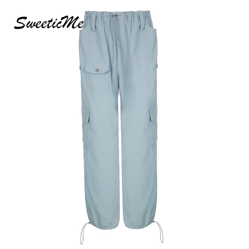 Sweeticme Quần Thể Thao Ống Rộng Lưng Thấp Nhiều Túi Phong Cách Thể Thao   Cho Nữ