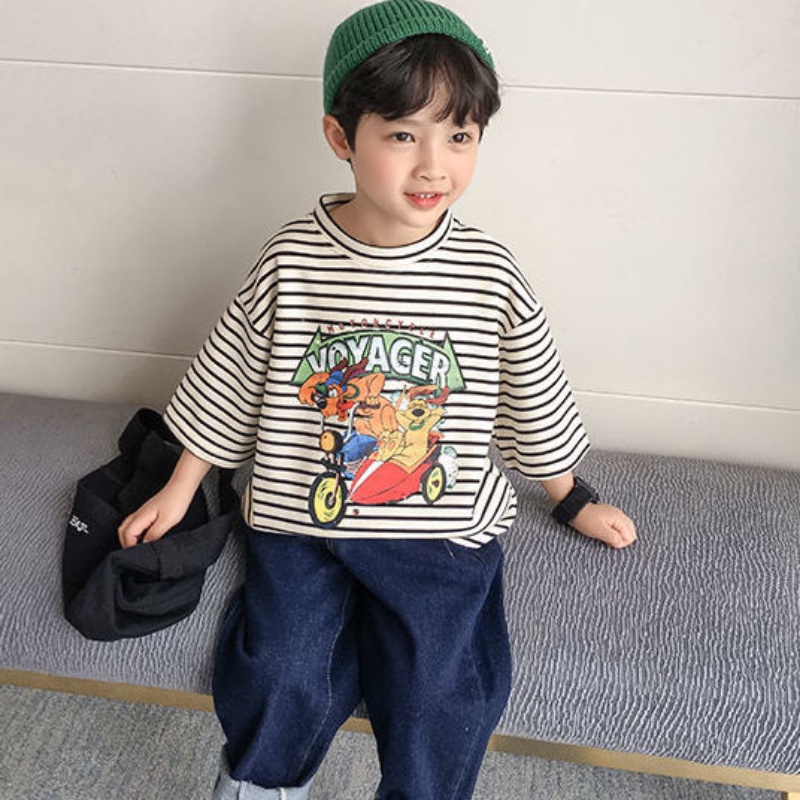 Áo Thun Tay Ngắn Cổ Tròn Họa Tiết Hoạt Hình Kẻ Sọc Thời Trang Mùa Hè 2022 Cho Bé Trai
