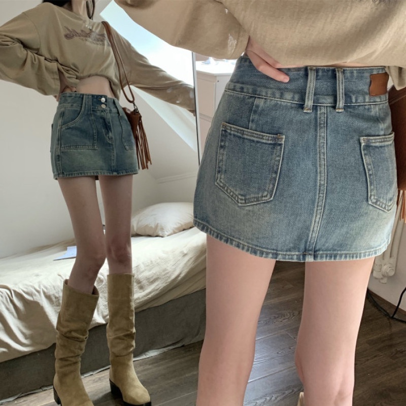 Chân Váy Jean Lưng Cao Cài Nút Đôi Phong Cách Retro Thời Trang Mùa Hè Cho Nữ