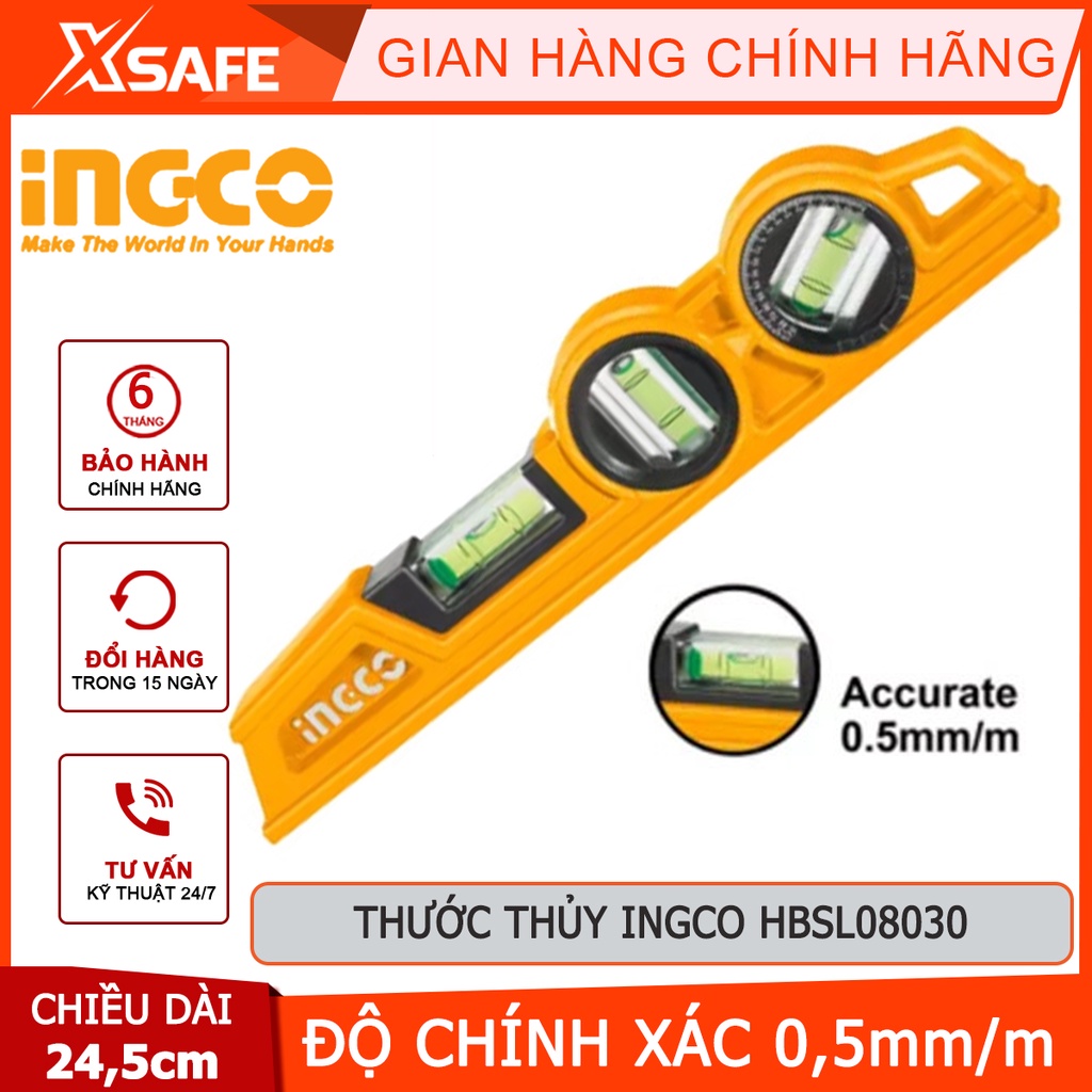 Thước thủy 24,5cm INGCO HBSL08030 Thước thuỷ kim loại đa góc, tiêu chuẩn VPA, nhỏ gọn, nhẹ, thiết kế nam châm giữa thước