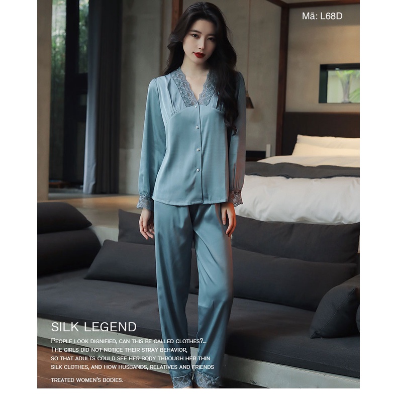Bộ đồ mặc nhà pijama lụa phối ren cao cấp dài tay nữ tính mềm mịn, mát khi mặc