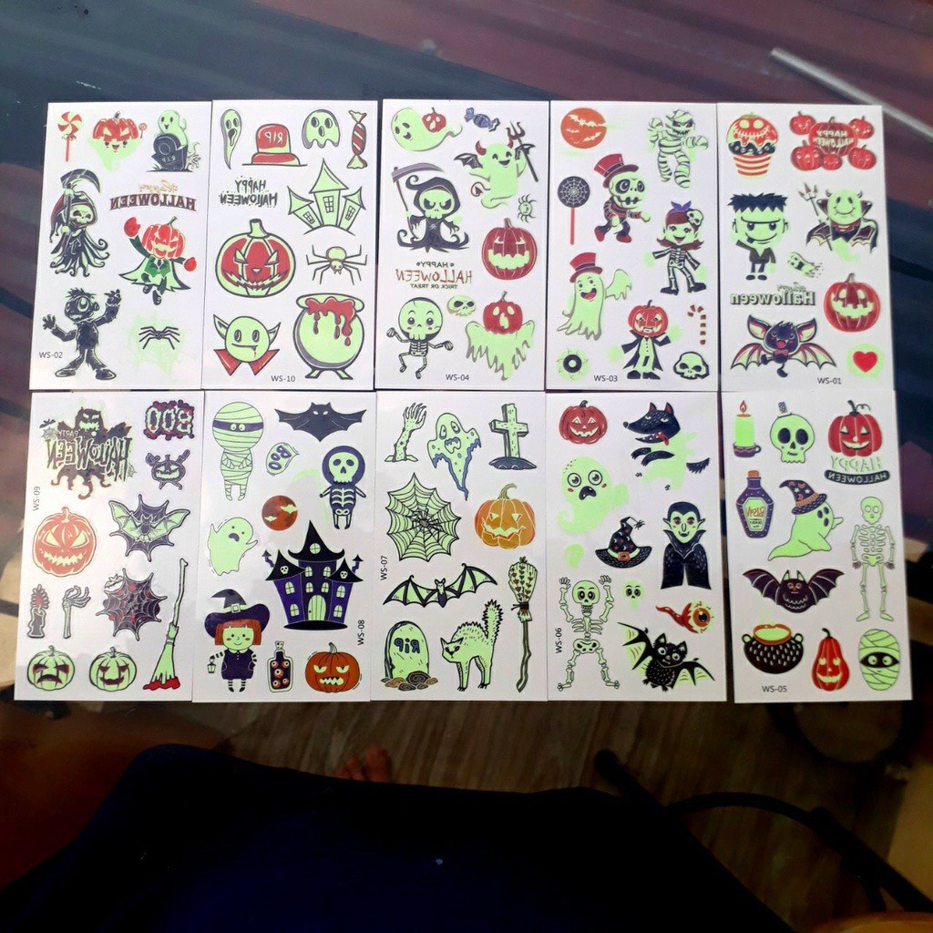 Set hình xăm dán halloween, noel, con vật, phát sáng dạ quang cho bé