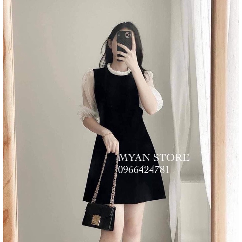 Đầm công sở-Váy chữ A tay lỡ cổ bèo chất umi hàn phối tay voan h2shop