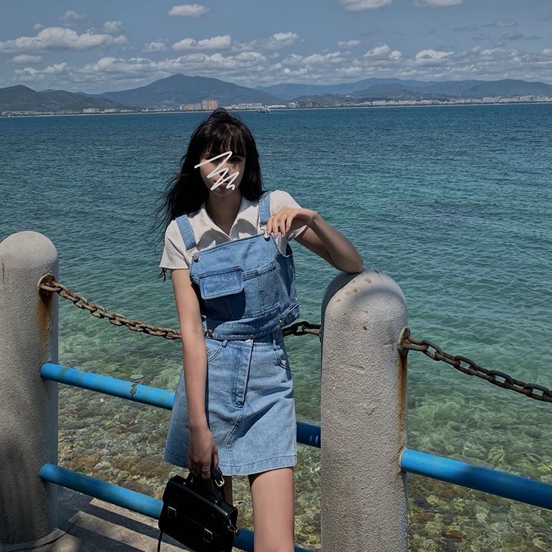 Set Đầm Yếm Denim Và Áo Thun Phong Cách Hàn Quốc Cho Nữ