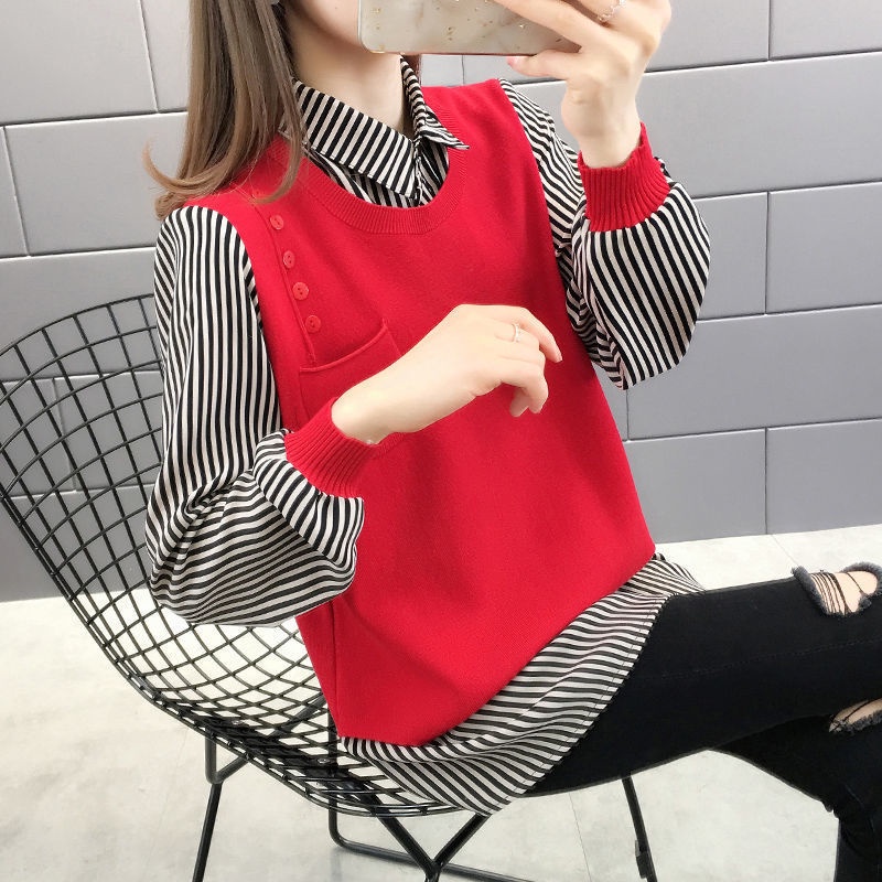Áo sweater dệt kim mỏng dáng rộng giả hai lớp thời trang thu đông hàng mới dành cho bạn nữ 2021