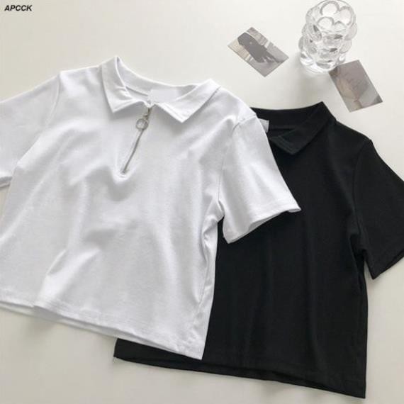 Áo Thun Croptop Cổ Polo 💖 VIDEO CẬN CHẤT 💖 Áo Phông Có Cổ Phối Khóa Kéo, Chất Cotton Mỏng Mịn ྇ ་